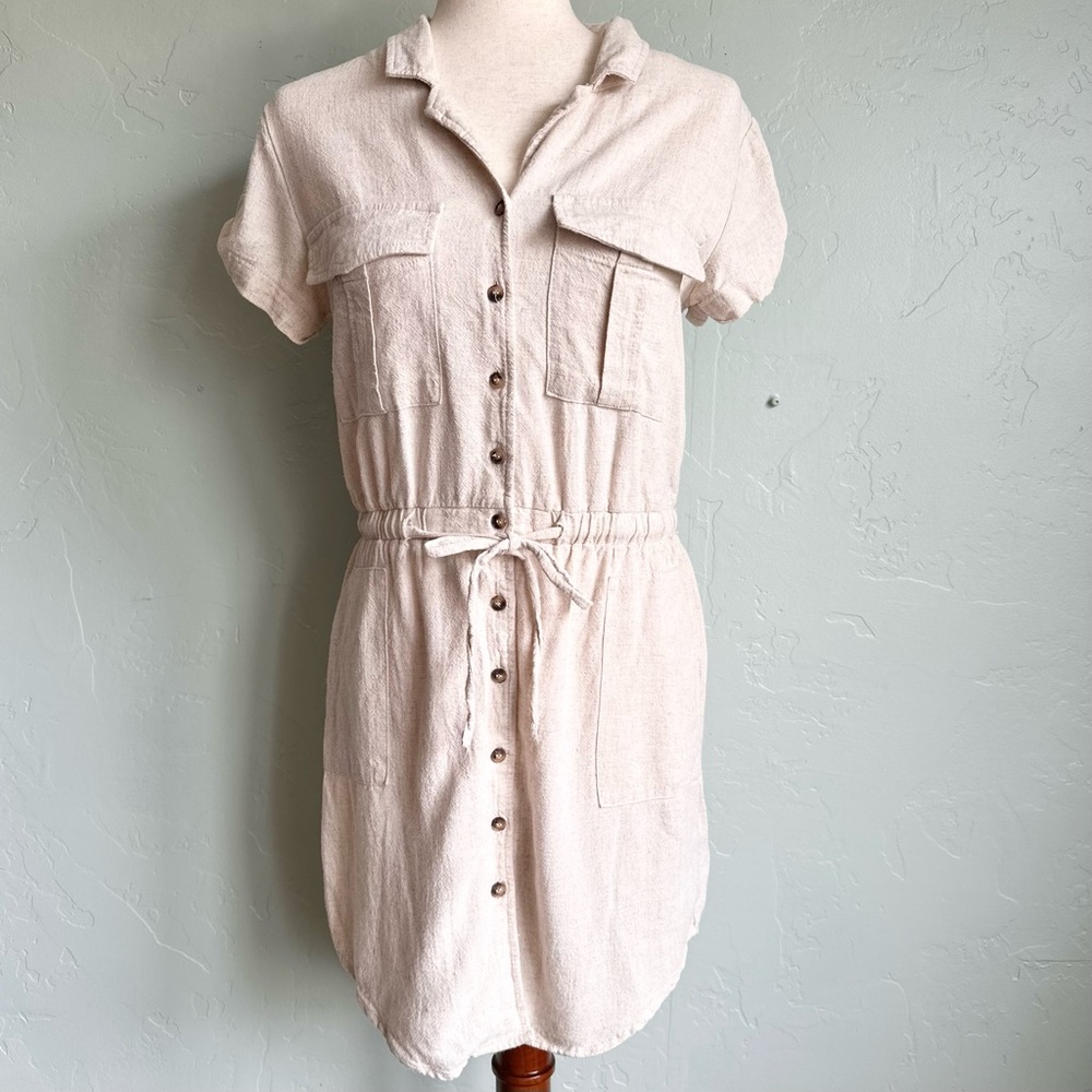 Thread & Supply Women's Beige Linen Blend Button Up Dress XS Resort Vacation